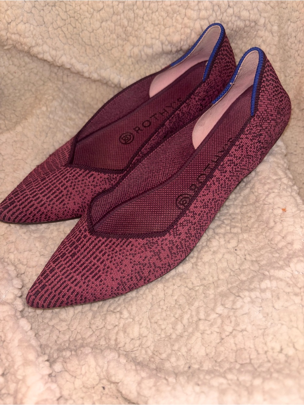 Rothy’s The Point Burgundy Pink Python Knit Flats Blue Trim Women’s 8.5